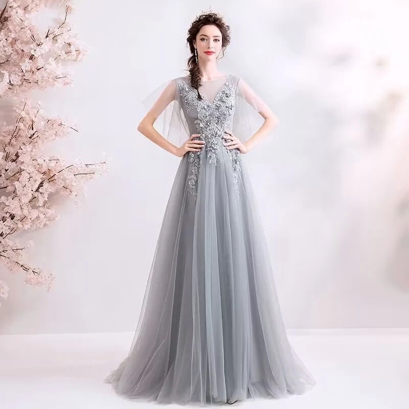 2023作パーティードレスパーティドレス水色青立体花刺繍レースロングドレス演奏会発表会ピアノ舞台ステージお呼ばれおしゃれ