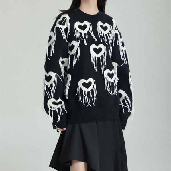 ニット セーター 長袖 ハート フリンジ タッセル モノトーン バイカラー カジュアル TKOR0010