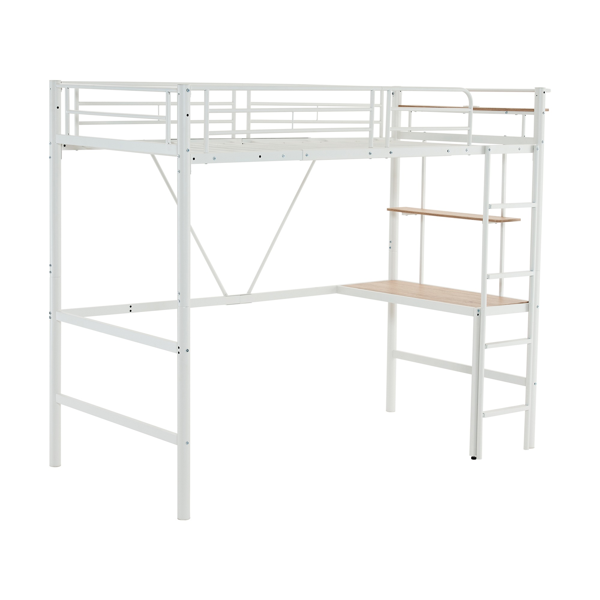 74ロフトベッド 机付き パイプベッド シングル 木 デスク付き コンセント付き 耐荷重150kg 高さ170cm 収納棚 ロフトベッド ハイタイプ はしご付き 北欧風 子供部屋 送料無料 スチール