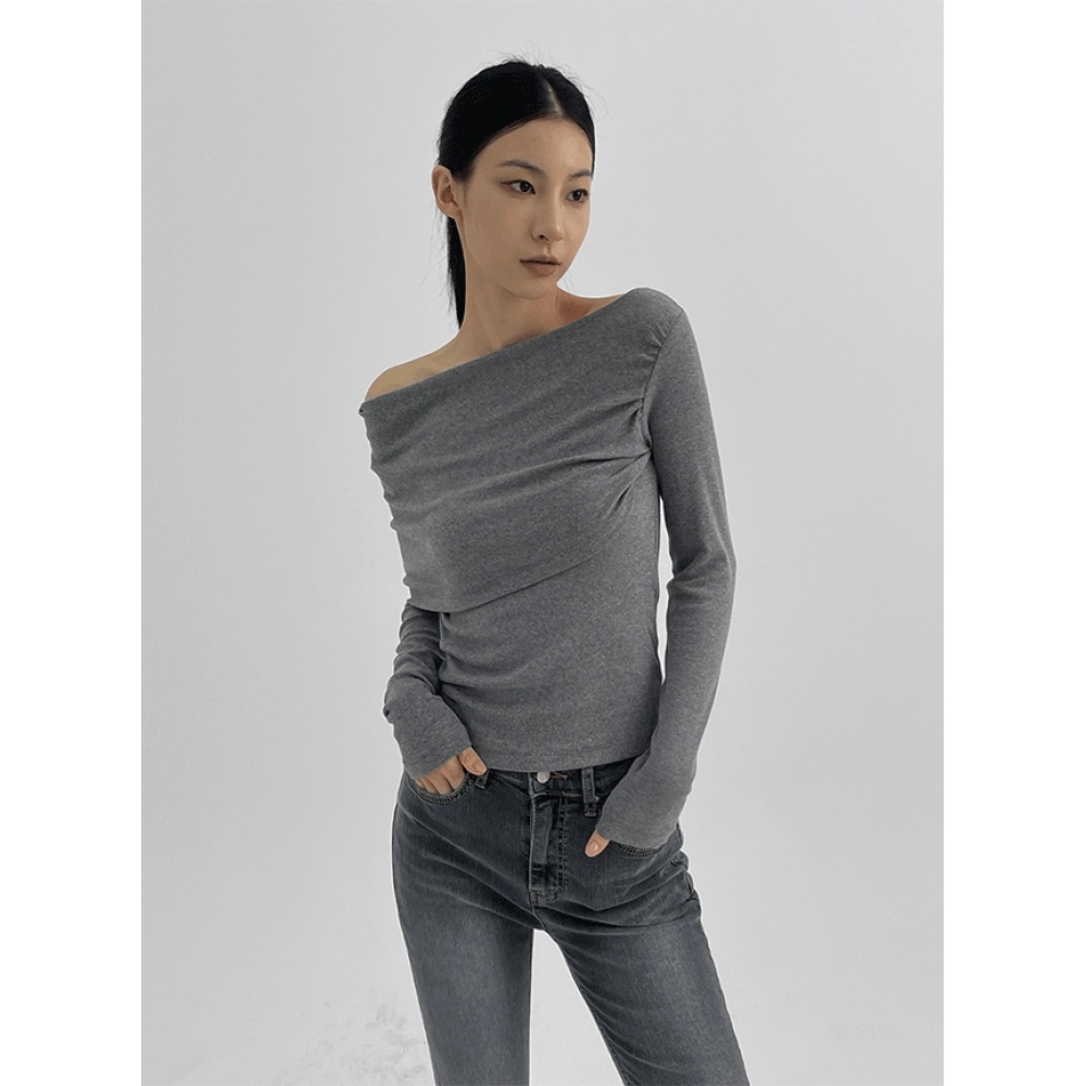 ブラックアップ [秋新作] ランデアンフットオフショルダーリブ付き長袖Tシャツ