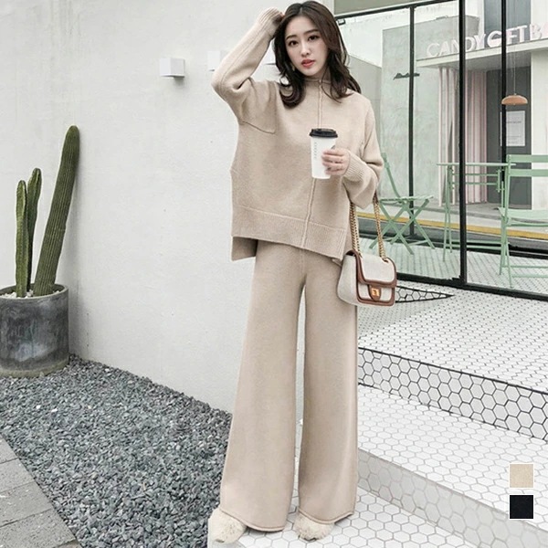 ニットセットアップ レディース ガウチョパンツ 秋服 ゆったり トップス ボトムス 着回し ウェストゴム ロングパンツ 春秋 長袖 ニットアップ セーター 2点セット 無地 ベージュ ブラック セット