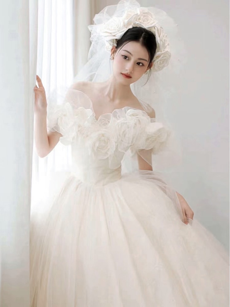 ワンショルダーの軽いウェディングドレスの花嫁2025プリンセスの高級な質感の外出ガーゼメインガーゼの高級感