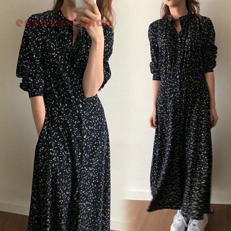 シャツワンピース レディース 40代 マキシワンピース 春夏秋 長袖ワンピース 花柄 シフォンフレアスカート オシャレカジュアル韓国風 大人 30代 ゆったり