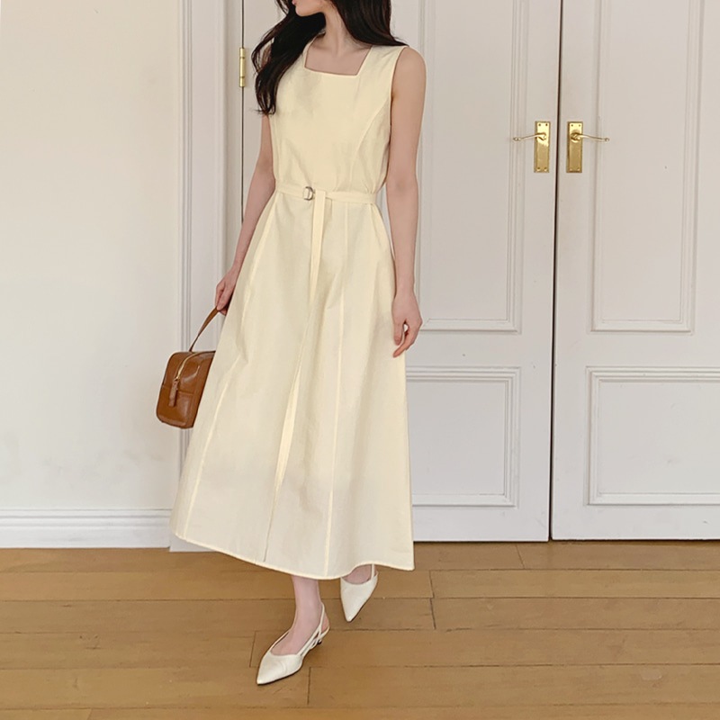 [top0624] 韓国ファッション ロンチェ スクエアネック スリーブレス ベルト ロングワンピース