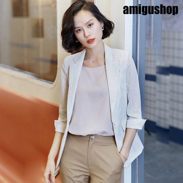 サマージャケット レディース 綿麻ジャケット 七分袖 薄手 着痩せ カジュアル 韓国風 ジャケット 無地 ビジネス 通勤 OL 20代 30代 40代