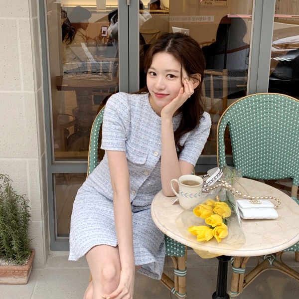 (韓国製)（MADE／ハイクオリティ／お呼ばれコーデおすすめ）ツイード 半袖 ミニワンピース op15057