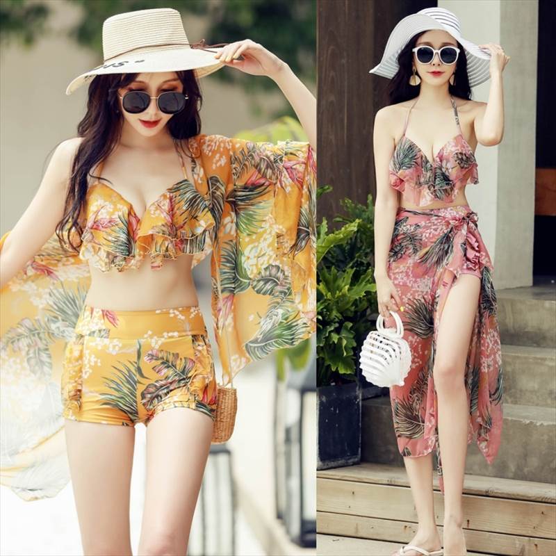 ビキニ 水着 花柄 パレオ 3点セット かわいい フリル ピンク イエロー セクシー タンキニ 水着 セパレート ロングパレオ 巻きスカート ボタニカル フラワー ショーパン ガーリー 体型カバー 脚