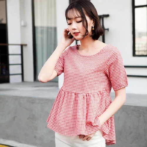 2013.ギンガムチェックペプラムアシメトップス(レッド)
