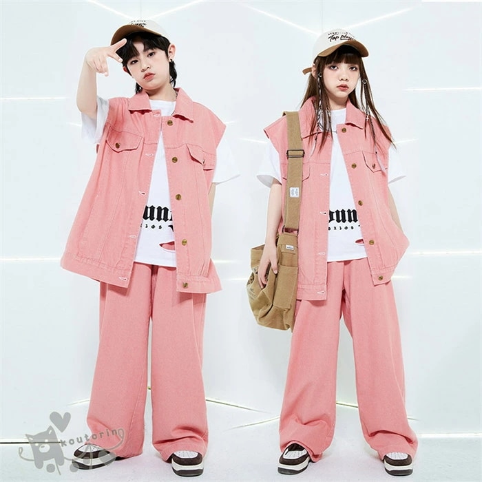 キッズダンス 衣装ヒップホップ 白Ｔシャツ 無地　ピック デニム ベスト パンツ 単品orセット ガールズ 女の子 ヒップホップ 派手 K-POP 韓国 ステージ衣装 応援団 練習着 体操服 発表会