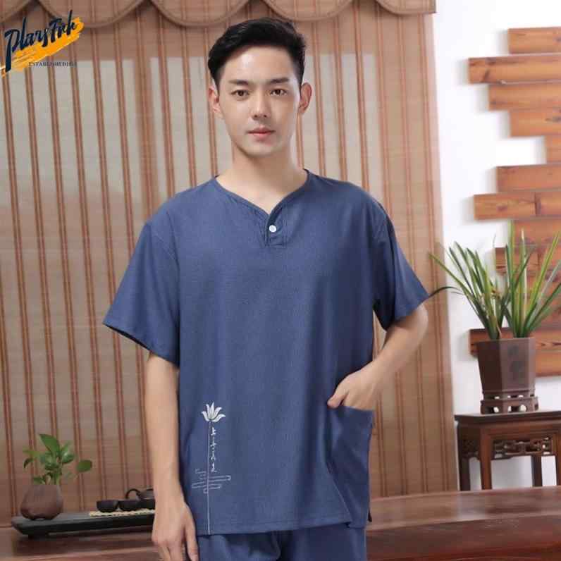 サウナ服 パジャマ ルームウェア メンズ コットン 大きいサイズ マッサージ 入浴 レトロ 花 グレー ブルー