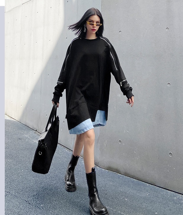 【送料無料】レディース 切り替えデニム長袖セーター 秋冬 ミドル丈 フェイクツーピース ルーズ