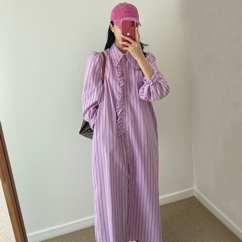 ワンピース シャツワンピース マキシ マキシ丈 袖あり 長袖 襟付き スリム 細身 ストレート フリル ポケット 前開き かわいい 大人可愛い きれいめ カジュアル 大人 上品 おしゃれ 大人可愛い