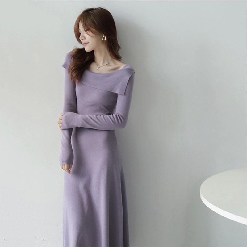 フランス風 春秋 ファッション ワンピース セミロング丈 着痩せ効果 ニットLFZ27