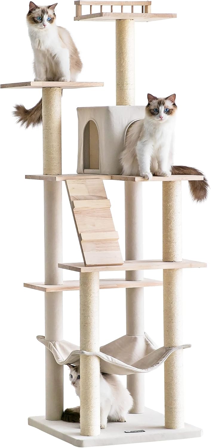 Mwpo キャットタワー 木製 キャットタワー シンプル 自然 天然木 大きいハンモック キャットランド 人気 据え置き スリム設計 2つ高いベッド 多頭飼い (高さ162cm) 麻紐 130Pro