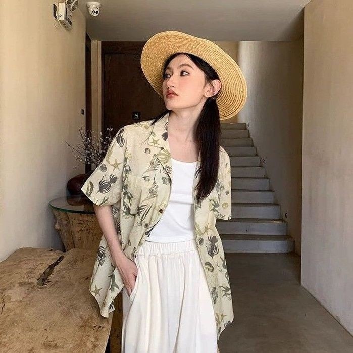 リゾート風 半袖 シャツ レディース ゆったり 小柄 薄手 春夏 日焼け止め シャツ 中長 トップス838