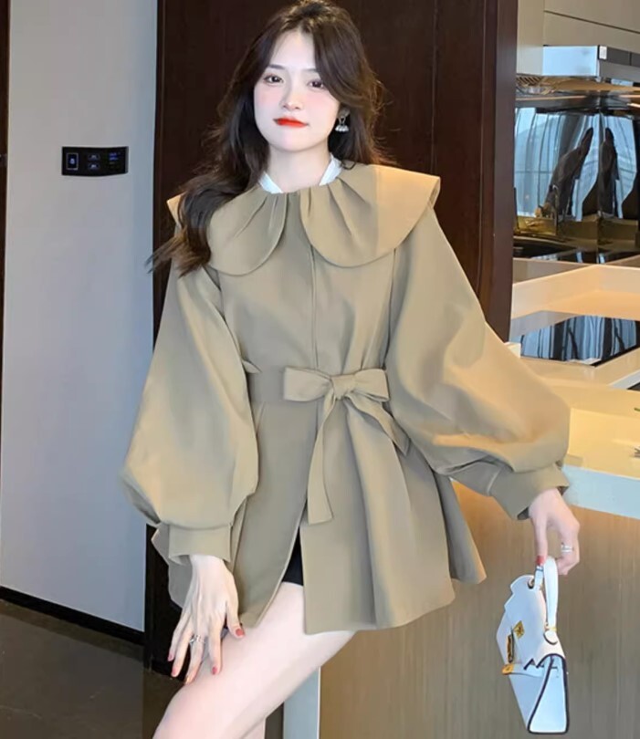 レディース ジャケット コート アウター 上着 ウィンドブレーカー ショート 長袖 ボリューム袖 襟付き 丸襟 フェミニン ウエストリボン 前開き かわいい 上品 レトロ 無地 秋 デート 防寒 6,235円