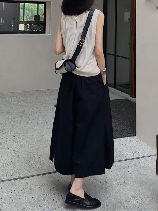 レディース ファッション オシャレ カワイイ シンプル 人カワイイ きいサイズ フレンチ ハイウエスト プリーツ スリット ストレート ワイド レッグ カジュアル パンツ スリム 九分丈
