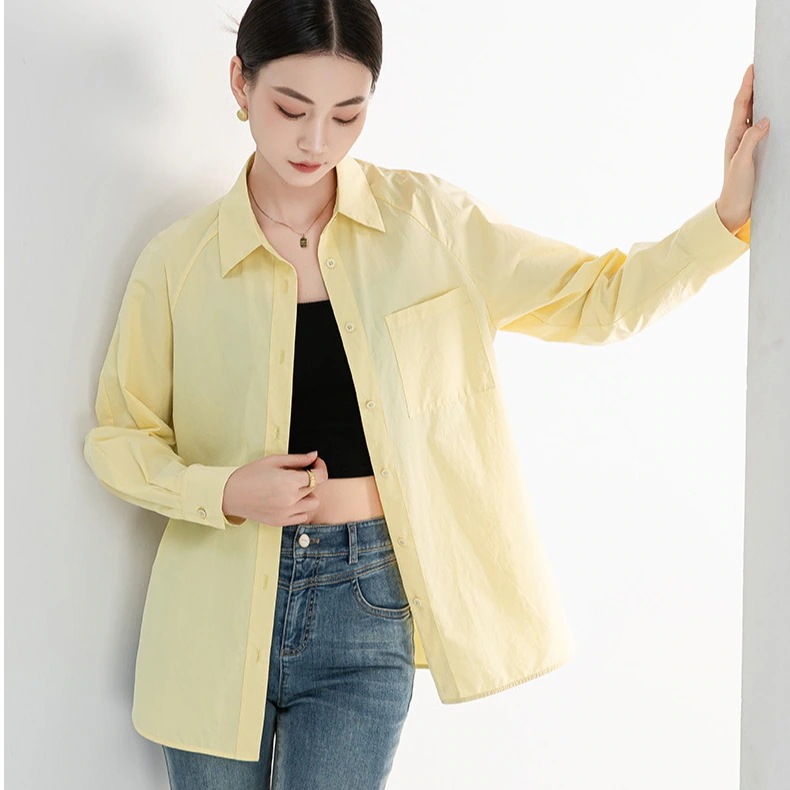 純綿フランス通勤シャツ春秋新型イエロー防透日焼け止め長袖シャツ