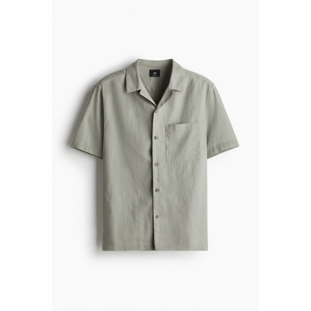 H&M レギュラーフィットショートスリーブリネンブレンドシャツセージグリーン