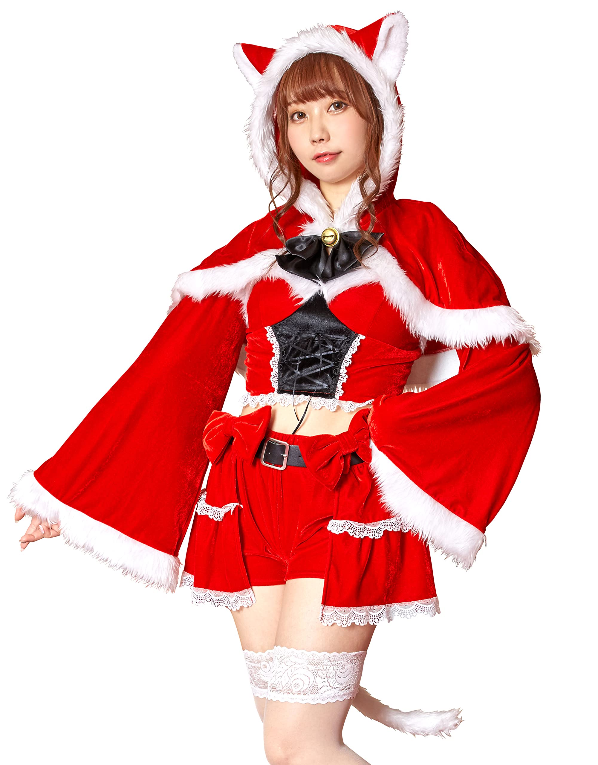 クリアストーン コスプレ クリスマス レースアップ猫耳ケープサンタ レディース レッド 20389