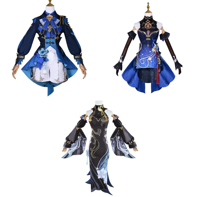 【期間特恵】原神風 幻想的なランタン祭りをモチーフにした青髪キャラクター向けコスチュームセット（ウィッグ・靴付き） - 東洋風ファンタジー衣装