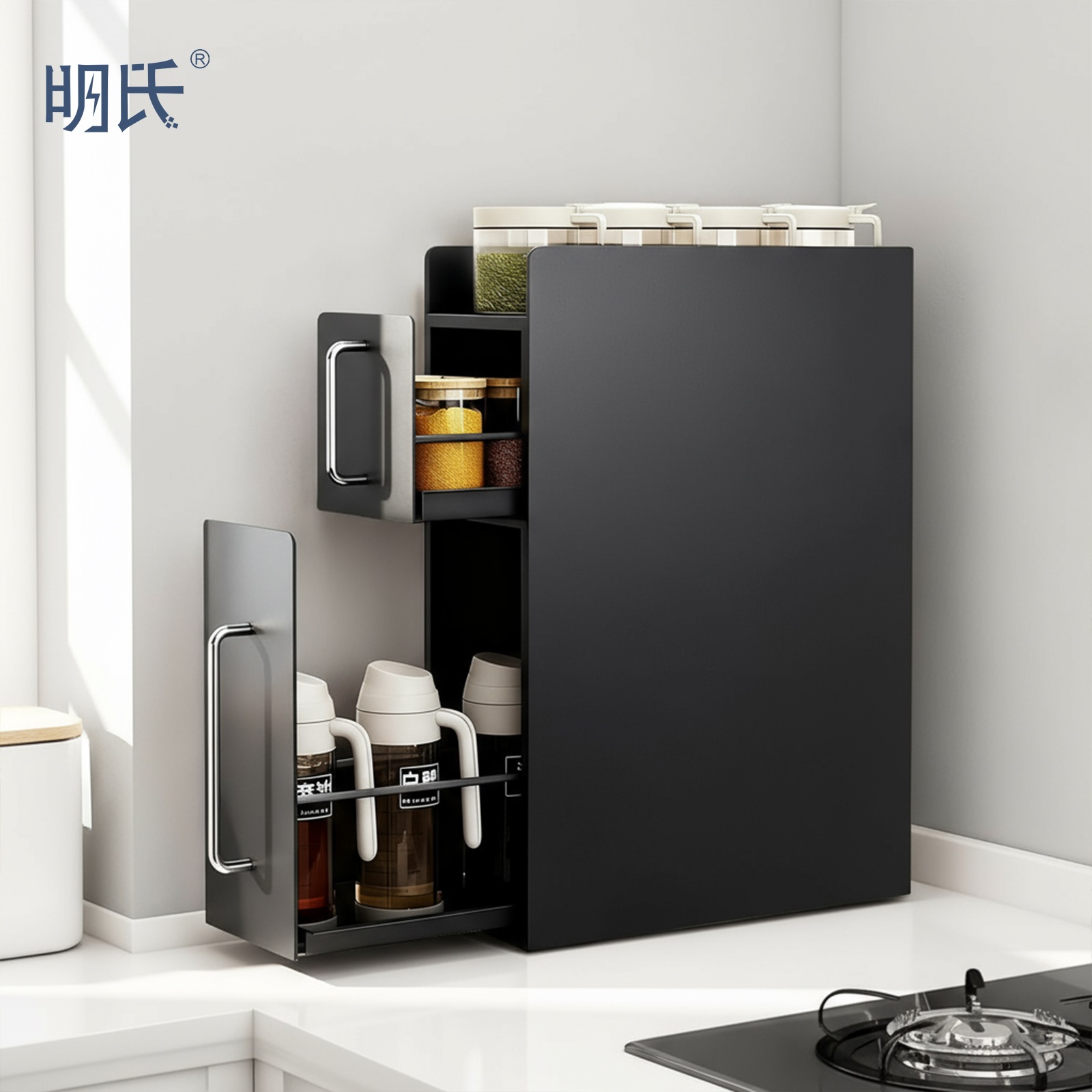 隠せる調味料ラック 2段 台所用 スパイスラック 隙間収納 引き出し式 コンロ横 キッチンラック 省スペース大型 大容量 キッチン収納 (ブラック, 隠せる調味料ラック 2段)