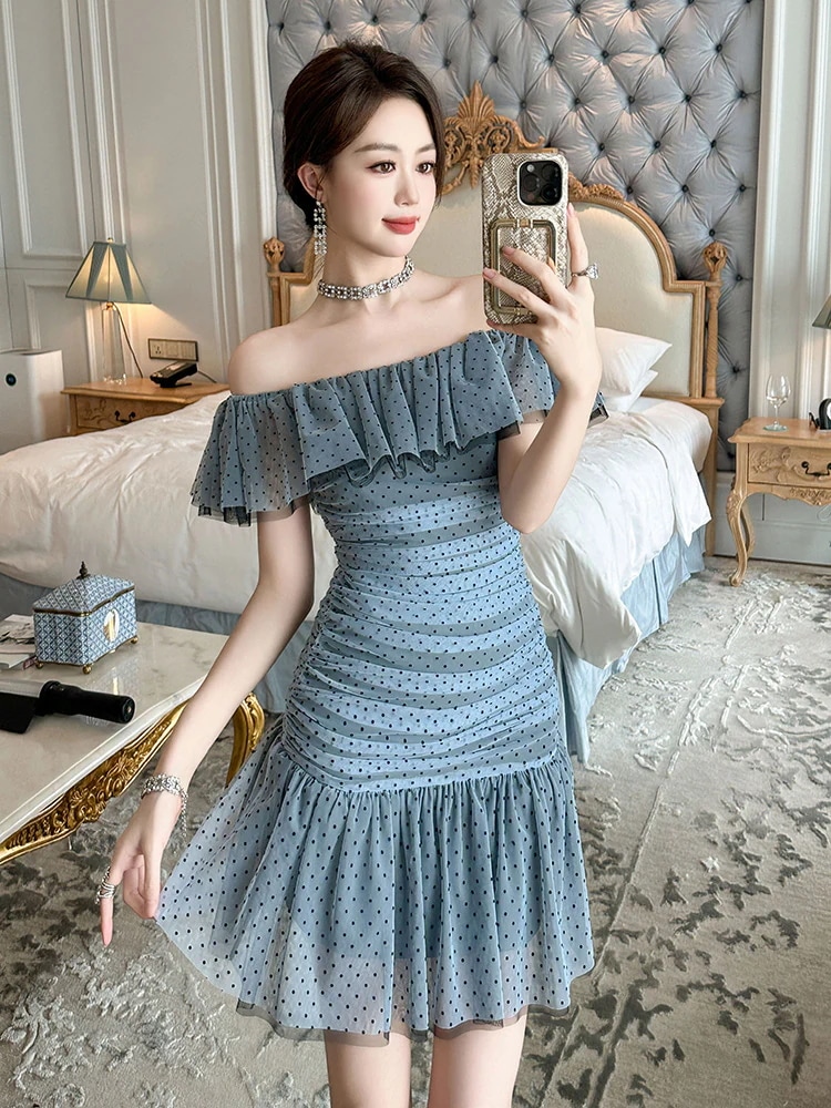 2024夏新品 フリル マーメイド オフショルダー ワンピース ショート ドレス パーティー キャバ 着痩せ 大人 同窓会 披露宴 卒業式 結婚式 演奏会 ウェディング 二次会 メガ割30%までに制限