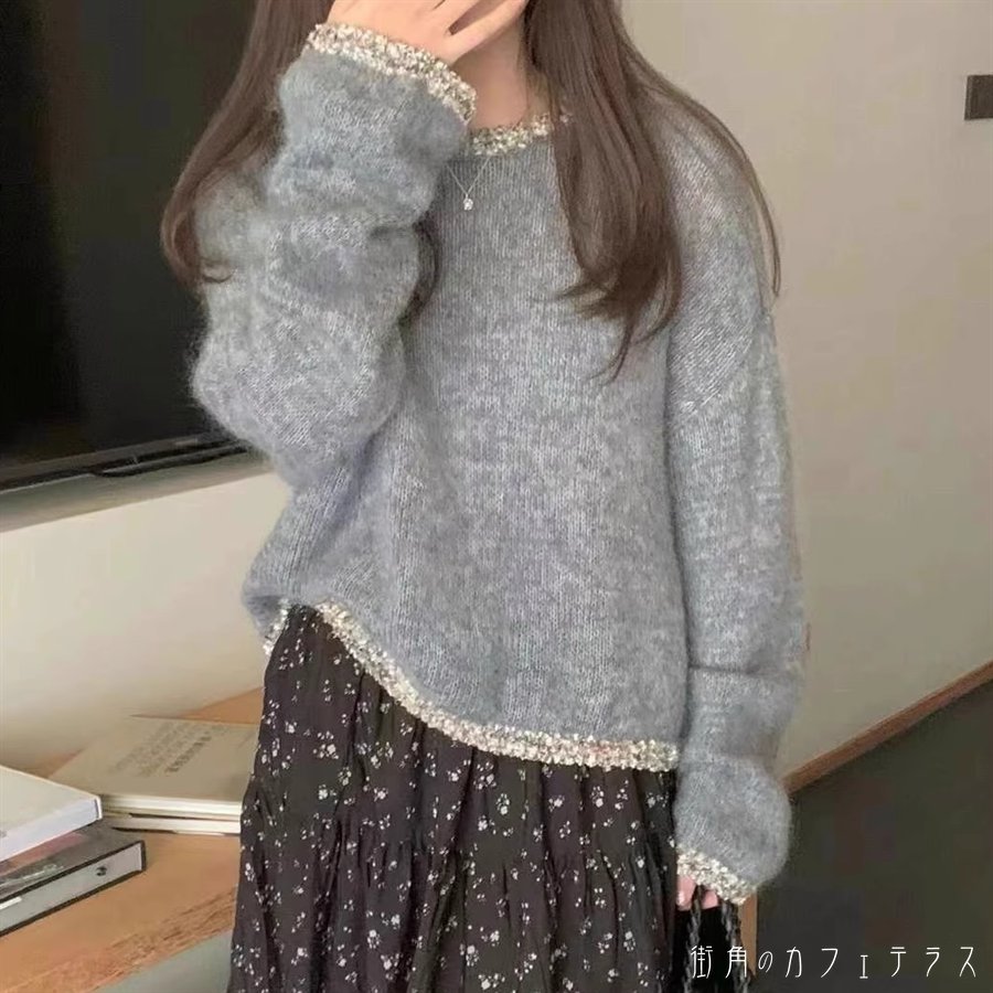 セーター トップス ロング丈 大きい ゆる 大人カラー モノトーン ニュアンスカラー グレー 長袖 Uネック Aライン フレア プルオーバー ニット 厚手生地 かわいい 大人可愛い 大人女子 こなれ感