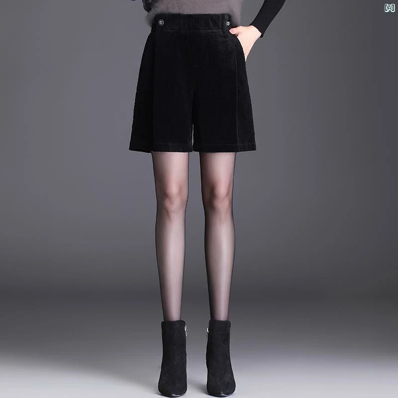 秋冬 レディース ハイウエスト コーデュロイ ワイド レッグ パンツ たり ショート スリム カジュアル 五分丈