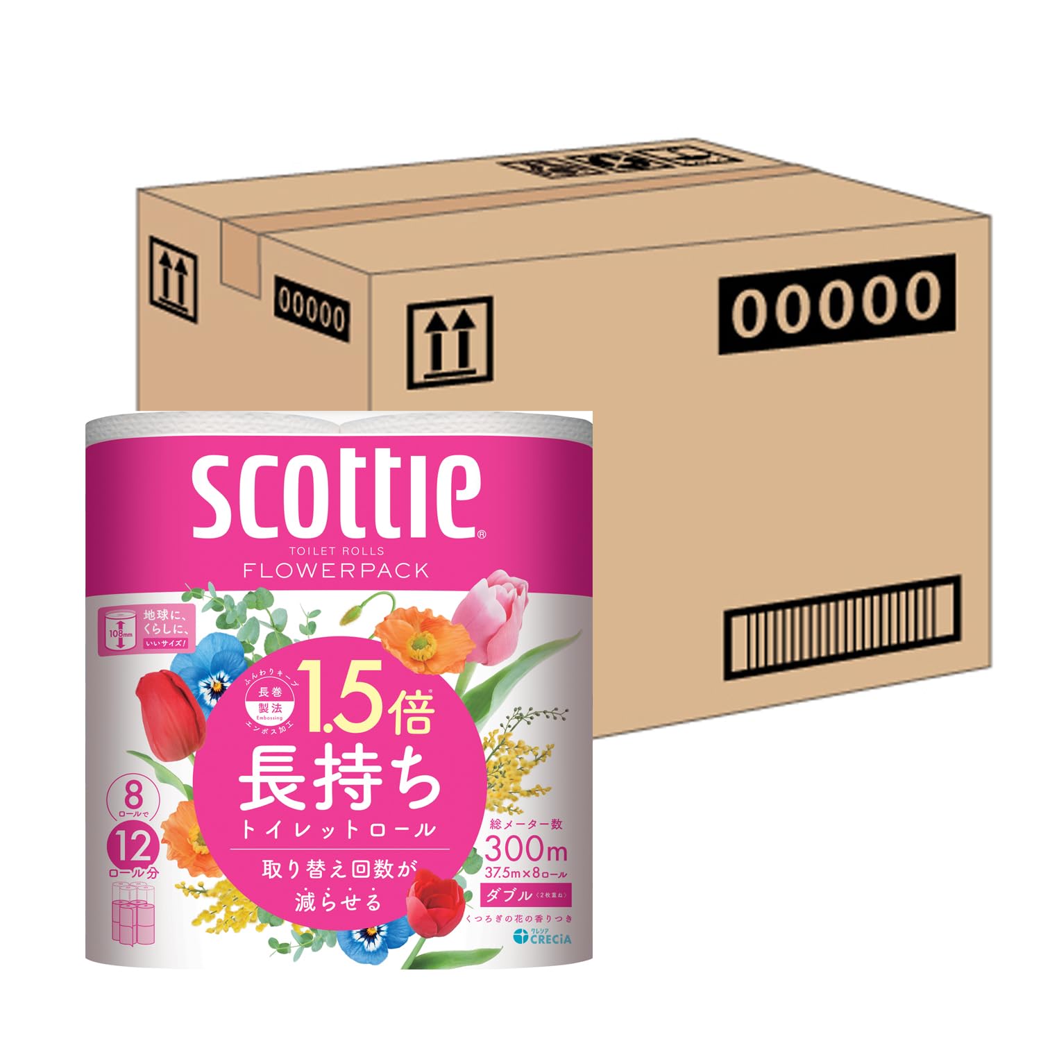 【ケース販売】 スコッティ 紙材 フラ ワーパック 1.5倍長持ち(8ロールで12ロール分)トイレット ピンク 37.5mダブル ×8パック入り