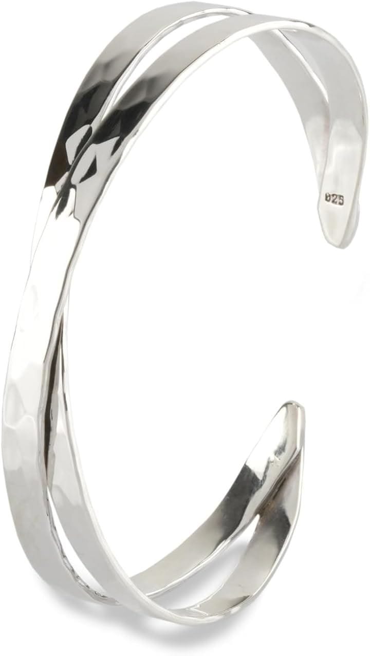 スターリング シルバー 925 ブレスレット シンプル 槌目 バングル メンズ サイズ調節可 重ねづけ 二連 レディース(シルバー, ミディアム)