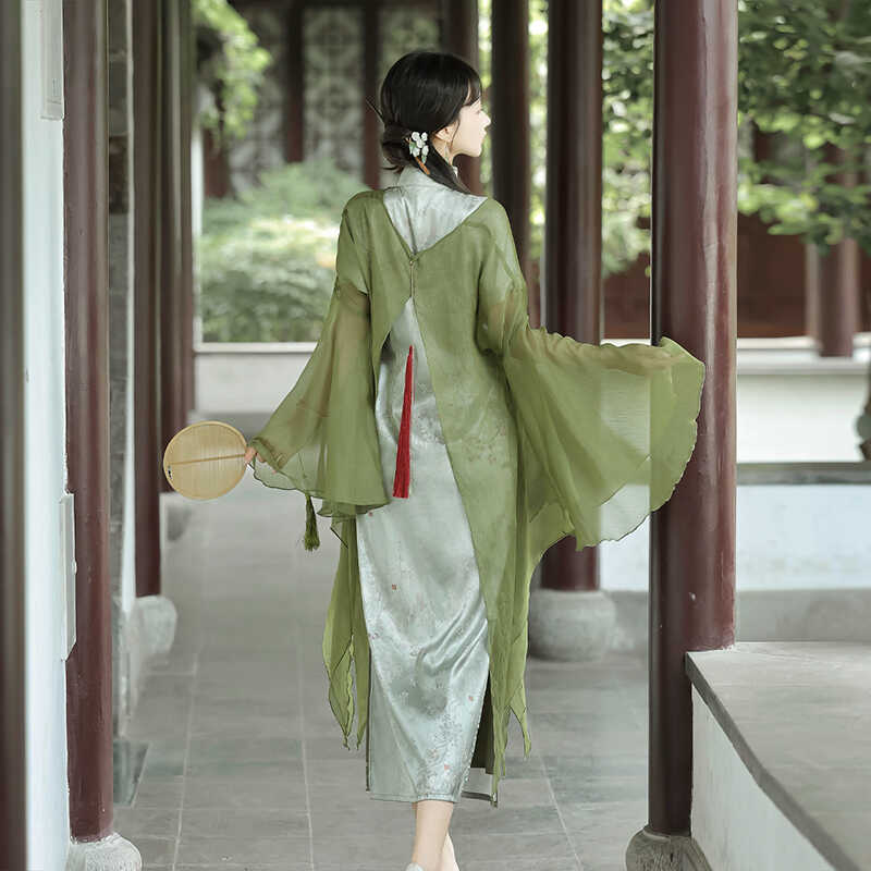 【フルセット】あずき詩新韓国改良チャイナドレスワンピース緑開叉大袖シャツ禅意