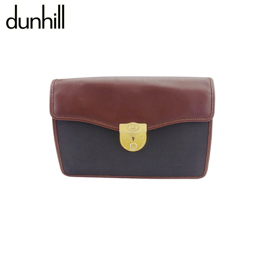 【中古】 ダンヒル クラッチバッグ セカンド バッグ メンズ ヘリンボーン ブラック ブラウン ゴールド PVCレザー dunhill T22293