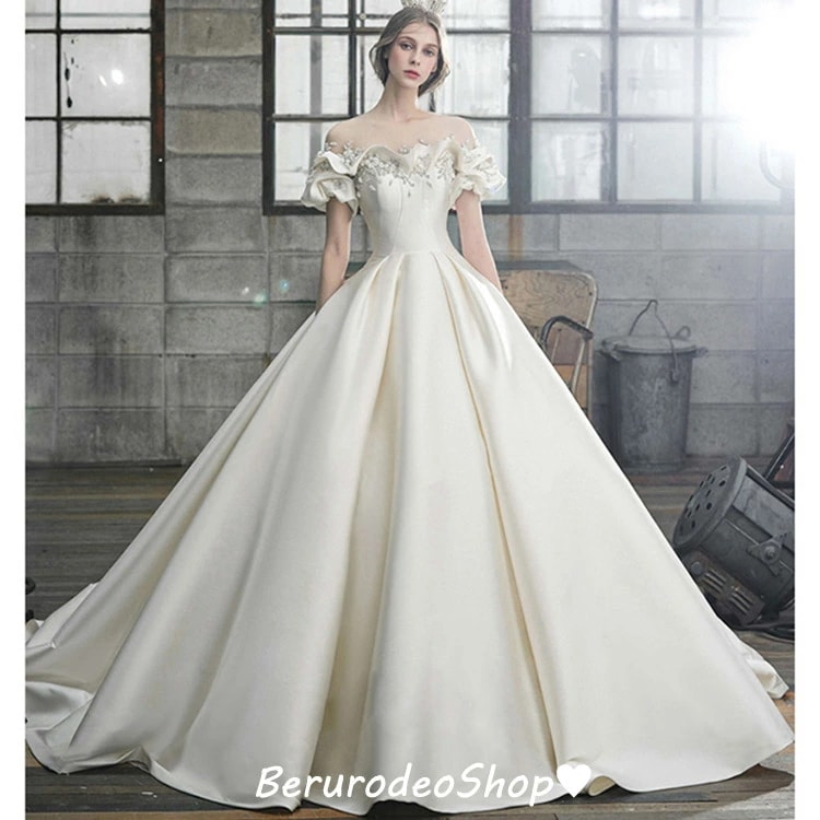 新品早く買いに来て ウェディングドレス サテン ドレス 高級感 結婚式ドレス 二次会ドレス 花嫁ドレス Aライン ロングドレス ウェディングドレス 袖あり 白 海外挙式 披露宴 半袖 S M L X