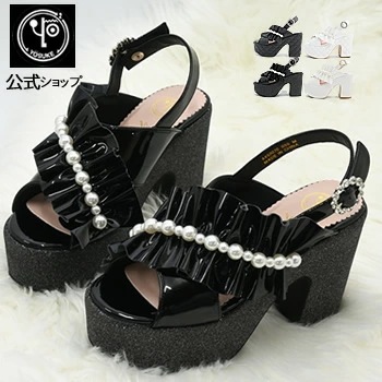 ヨースケ 厚底サンダル レディース バックストラップ パールとフリルデザイン 11.0cm 太ヒール 靴 公式SHOP特典キズ補修液付