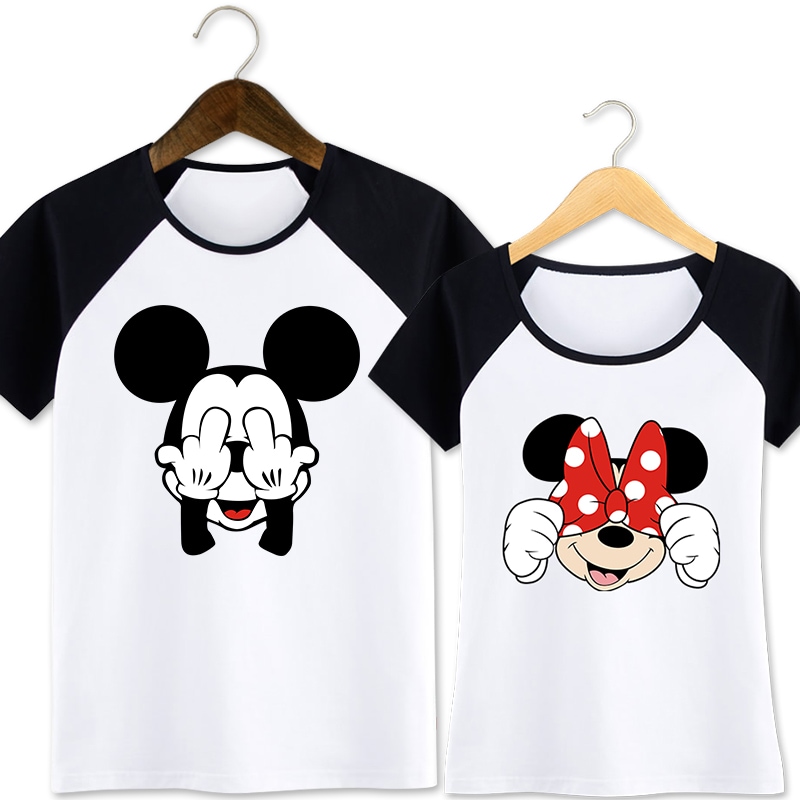 ミッキー ミニーmickey経典黒ラダランスリーブペアルック半袖 Tシャツディズニー家族ペアレディース