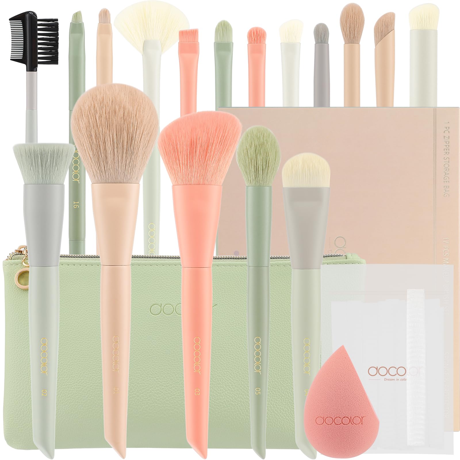 docolor ドゥカラー メイクブラシセット 17本 人気 レザーケース付き メイクスポンジ付き 化粧筆 セット 化粧ブラシ 携帯用 メイクグッズ ギフト プレゼント 繊維毛 柔らかい 使いやすい