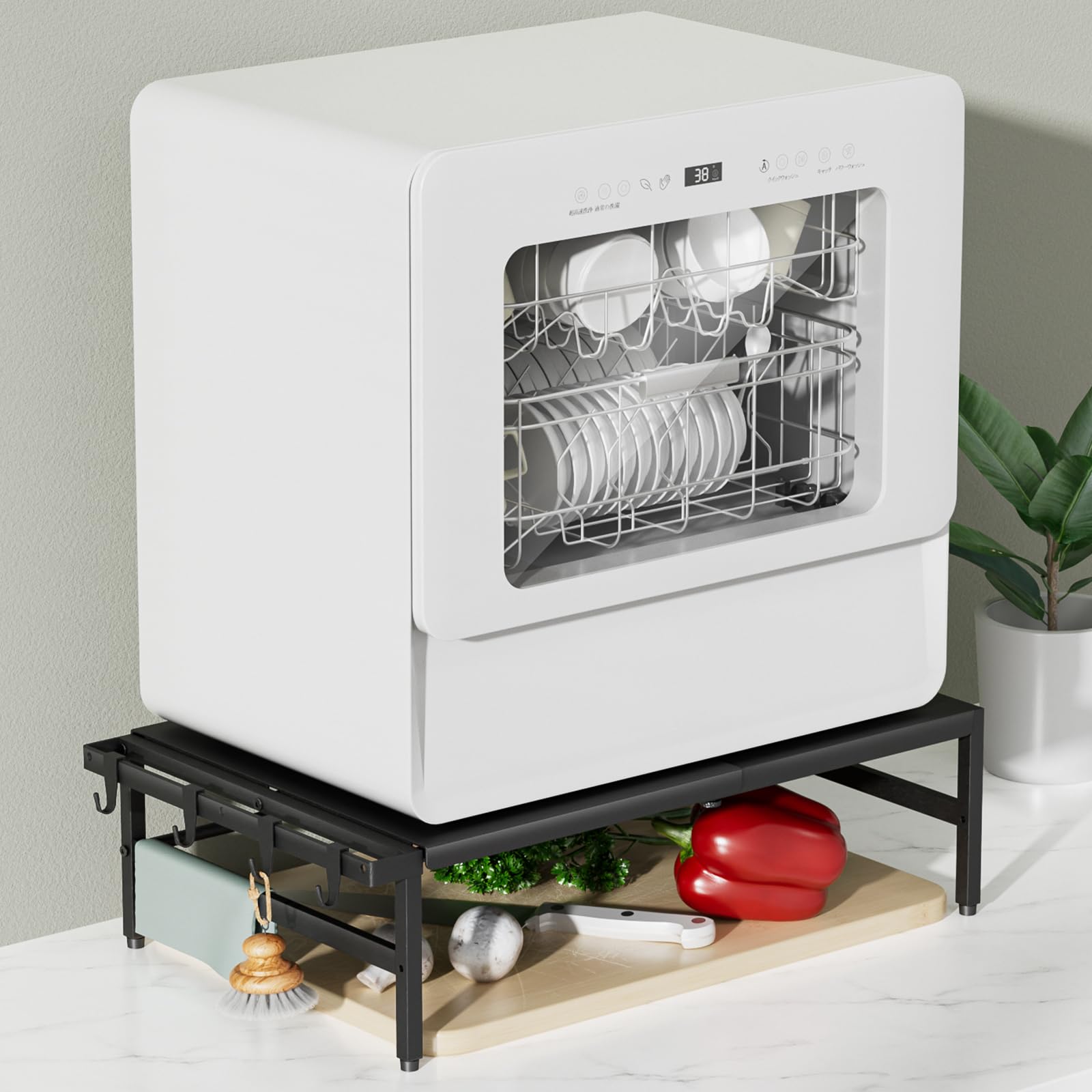 TKUIN 食洗機 ラック W38～60×D46×H17cm 伸縮食洗器ラック 棚 シンクに渡せる 食洗機台 高耐荷重60kg 頑丈安定 食器洗い乾燥機 置き台 段差対応アジャスター付き 滑り止め