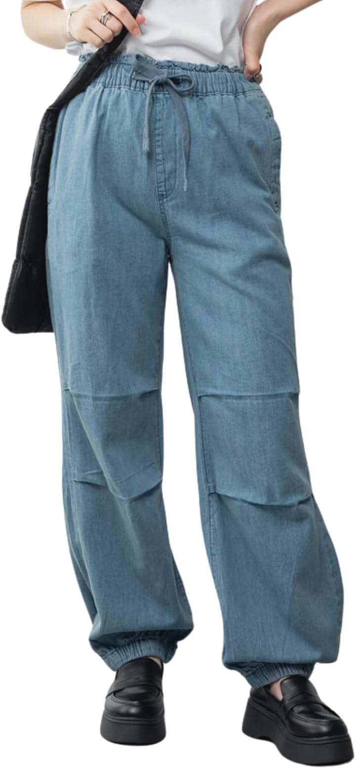 デニム リラックス ワイド パラシュート パンツ ウエストゴム 大きいサイズ レディース(ライトブルー, 4L)