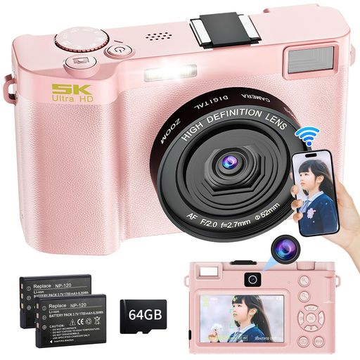 Moledro 5K スマホに送れるデジカメ デジタルカメラ WIFI転送機能 6400万画素 デュアルレンズ 64GBマイクロSDカード付き 18倍デジタルズーム オートフォーカス機能 手振れ補正