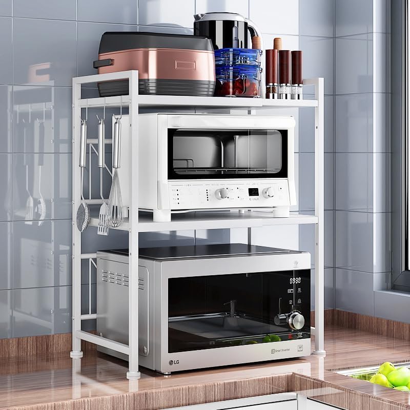 レンジ上ラック 伸縮式 トースターラッ レンジ置き台 レンジ台 3段式 棚板高さ調整 耐熱 耐水 組立簡単 省スペース耐荷重50kg（38-64cm） (ホワイト)