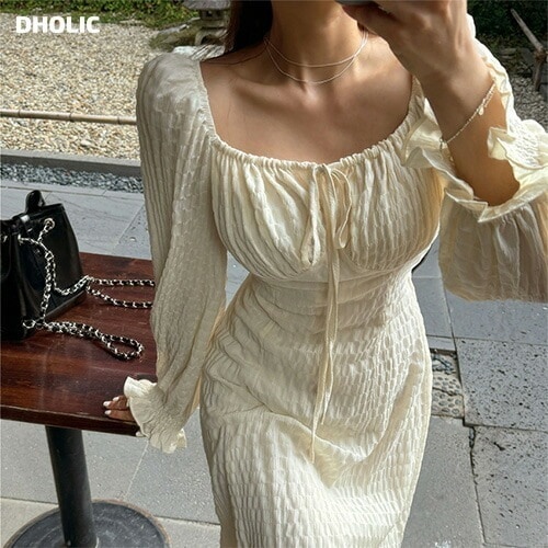 [メガ割りSALE]ストリングスクエアネックワッフルフレアワンピース