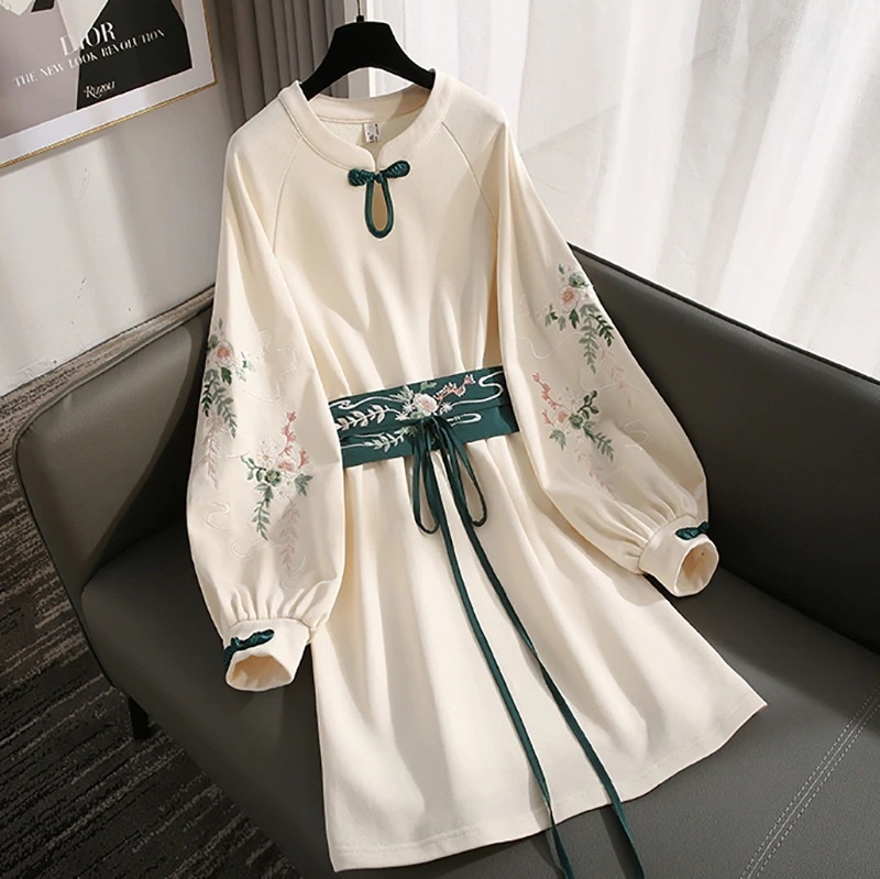 チャイナ風ワンピース 長袖 パーカーワンピース 刺繍 腰巻付き スウィート