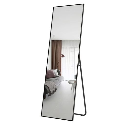 ミルオ君の鏡工房 全身鏡 姿見 スタンドミラー 壁掛けも対応 アルミフレーム 飛散防止 スタイリッシュ ウォールミラー インテリア 144X32CM (ブラック)