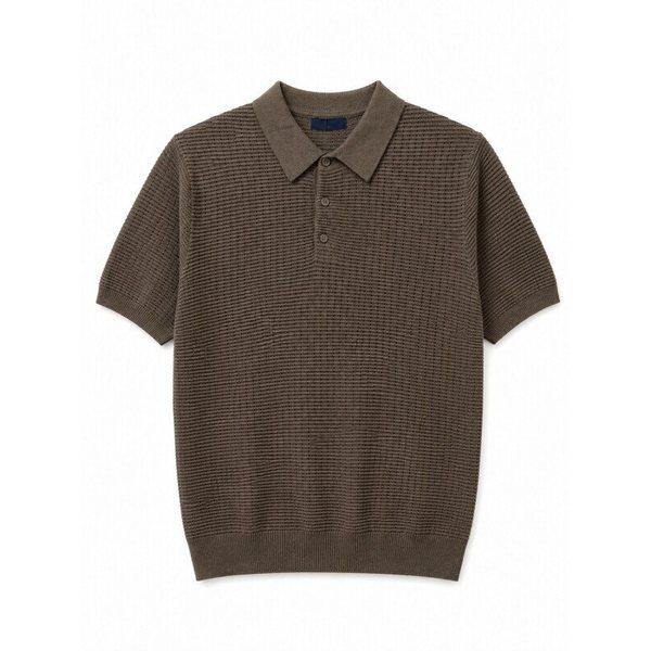 メンズ夏半袖涼しい強撚糸透かし素材綿混紡プルオーバーポロカラーネックニットトップTシャツ2色_JK