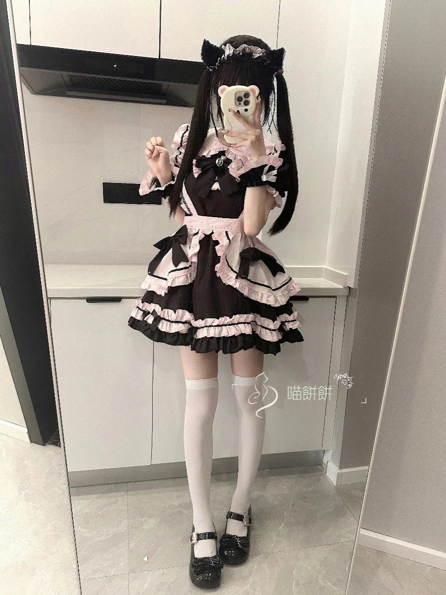 新品掲載 ロリータ ワンピースニャーパンケーキ：黒とピンクのメイド服女の子猫可愛い重工業ロリータロリータドレス ワンピース