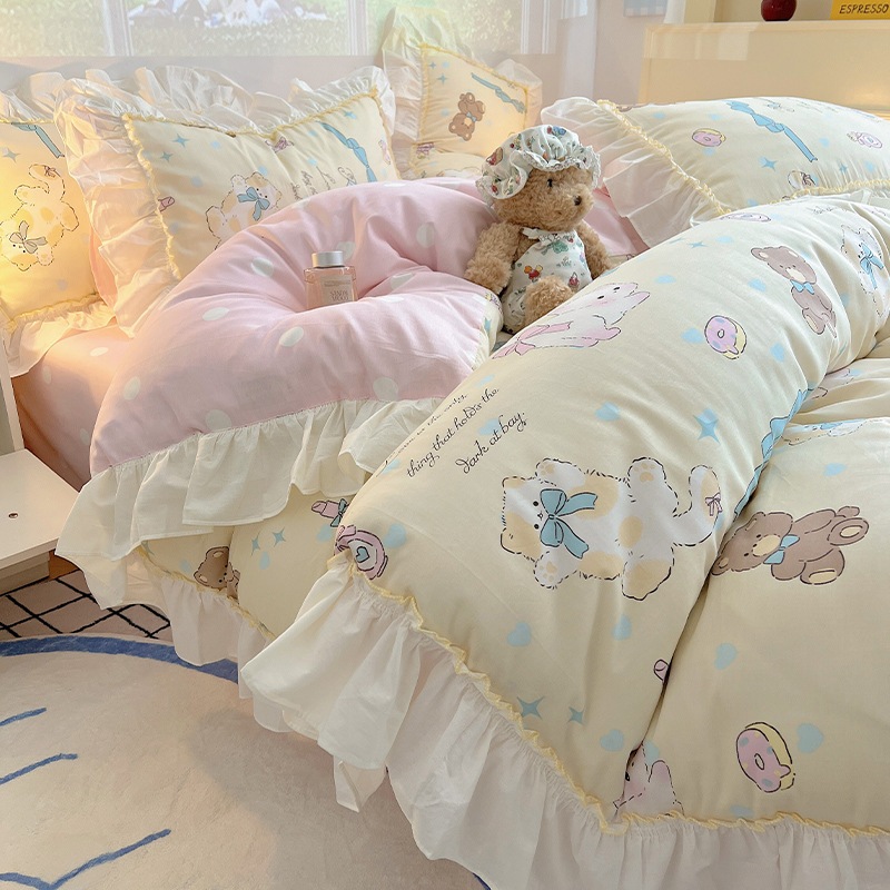 春の漫画ピュアコットン4ピースセットナントンベッドレースコットンベッドシートキルトカバー3ピースセットドミトリーキルトカバー