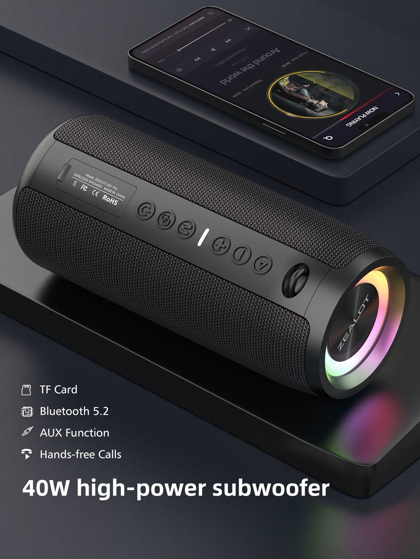 S51PRO ポータブル 屋外用 40W 高出力 BluetoothスピーカーTFカード/USB/AUX/TWSステレオ ベース スピーカーフォン対応IPX6ナイロンシリコン 防水 ブレスフリッカ