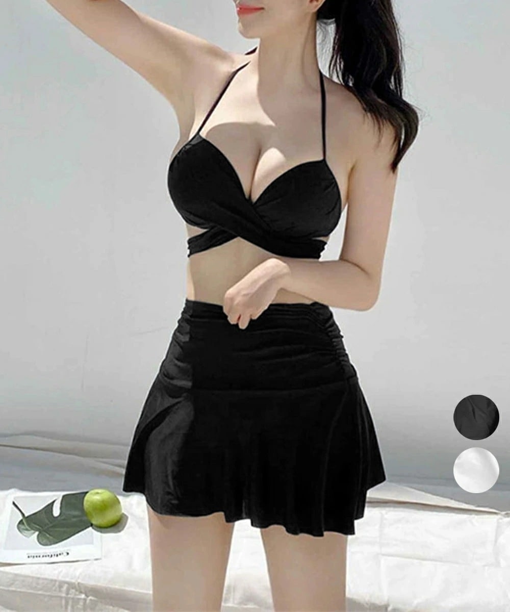 クロスビキニ フレアスカート 3点セット バックリボンビキニ 大人可愛い水着無地 セパレート水着女性