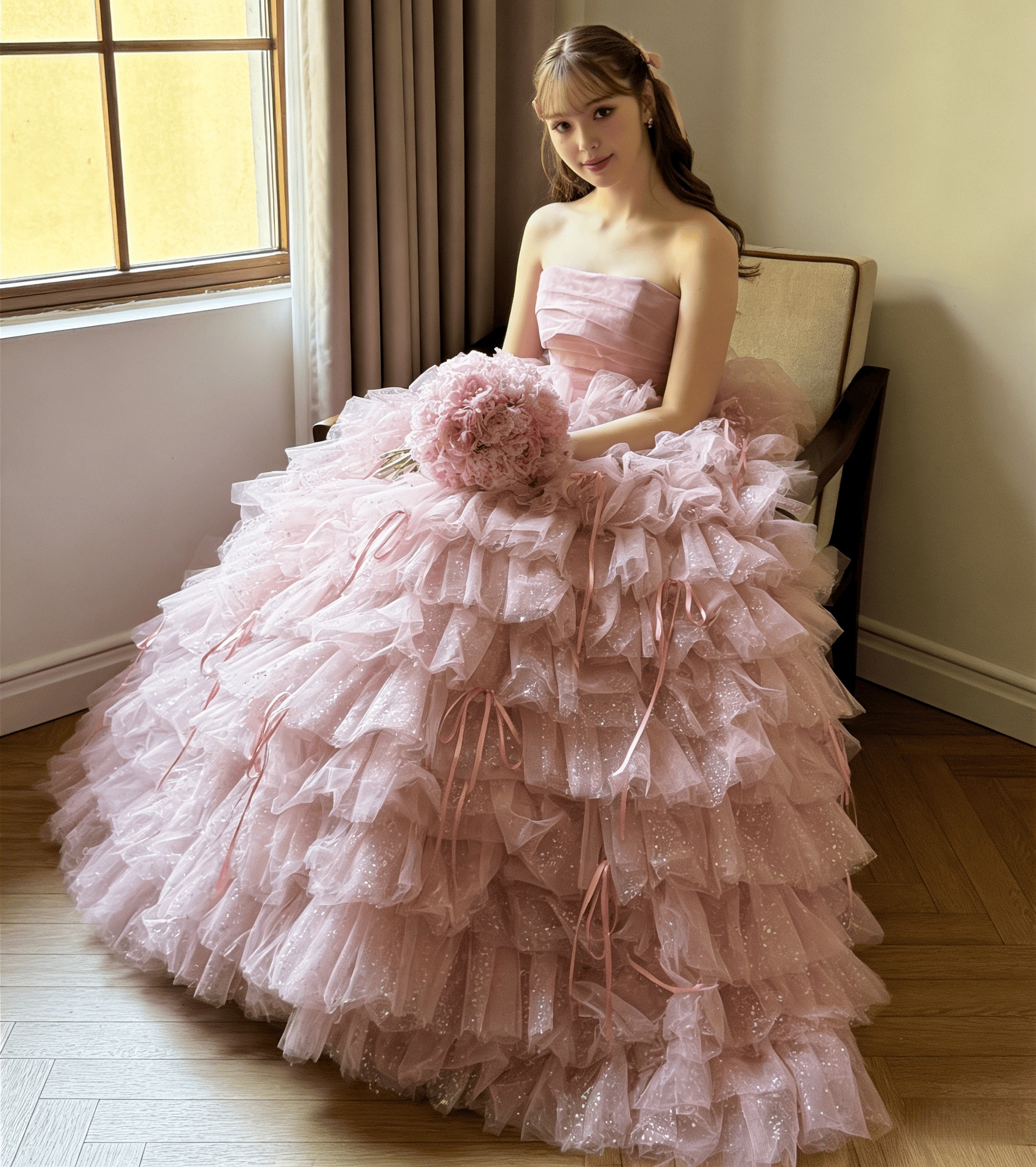 豪華！カラードレス チェリーピンク ベアトップ キラキラ 柔らかく重ねたチュールスカート リボン ミニトレーン 花嫁